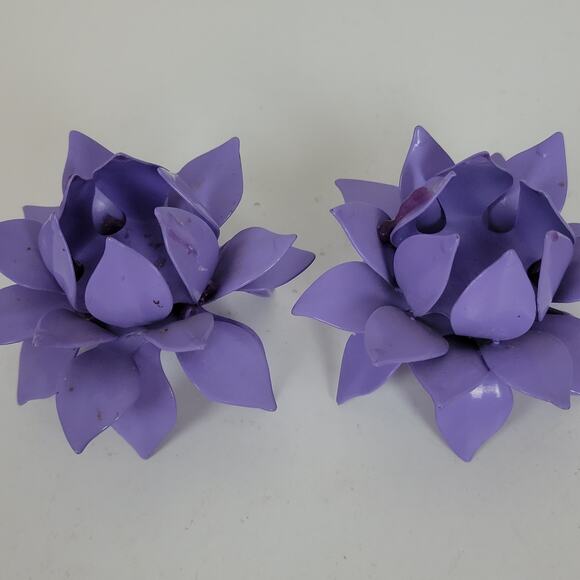 VINTAGE Lotus Flower Metal Purple Handmade Candle Holders Retro Set of 2 - Picture 6 of 13